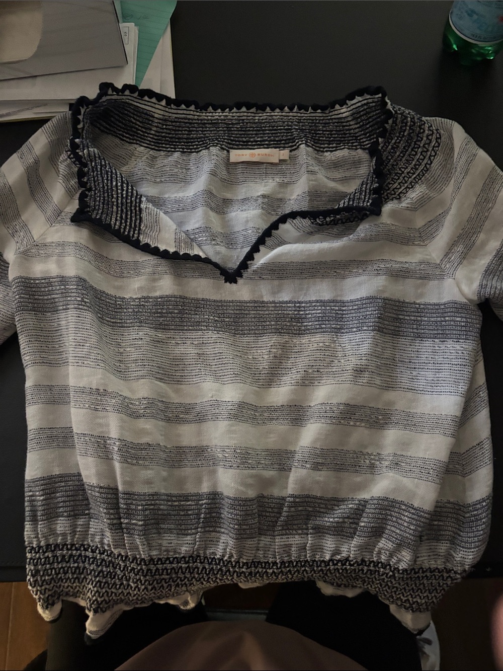 Tory Burch White and Navy Striped Short-Sleeve Knit Top